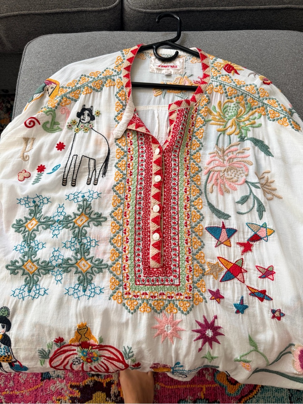Johnny Was White Embroidered Folk Art Peasant Blouse